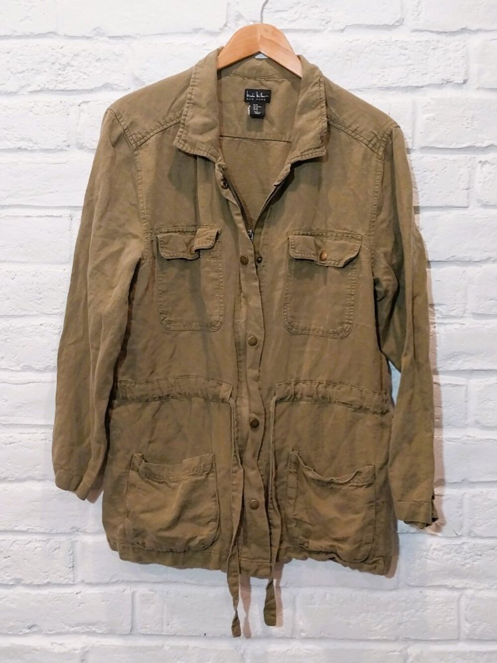Nicole Miller XL Army Green Field Utility Jacket Linen Blend Drawstring Belted